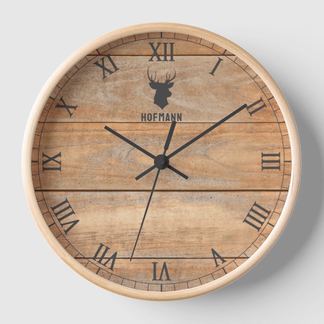 Horloge Tête de cerf rustique rond Bois naturel Personnali (Recto)