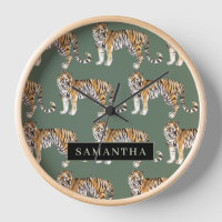 Tigres d'aquarelle verte tropicale Motif avec nom