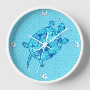 Horloge Tortue en spirale fractale - bleu cobalt et turquo