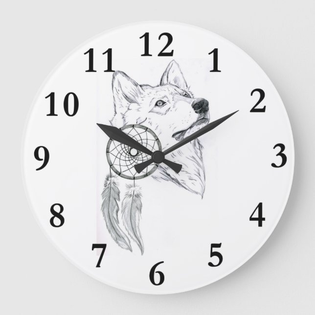 Horloge-Träumer-Wolf 1 Große Wanduhr (Vorderseite)