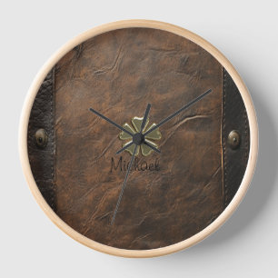 Horloge Trèfle doré Saint-Patrick, Cuir marron