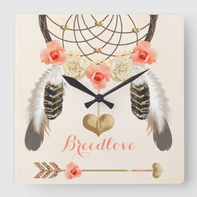 Horloge tribale Boho avec Dreamcatcher et Feathers (Recto)