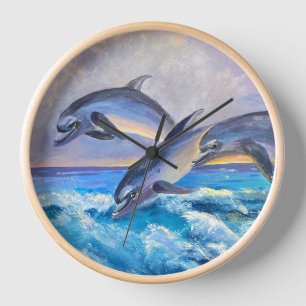 Horloge Trois dauphins sauvages jouant en eau Turquoise