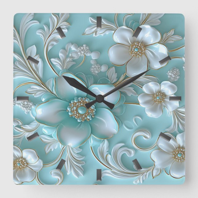 Horloge turquoise blanche florale (Recto)