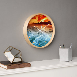 Horloge Turquoise Blue Ocean Surf Orange Red Sunset Aquare