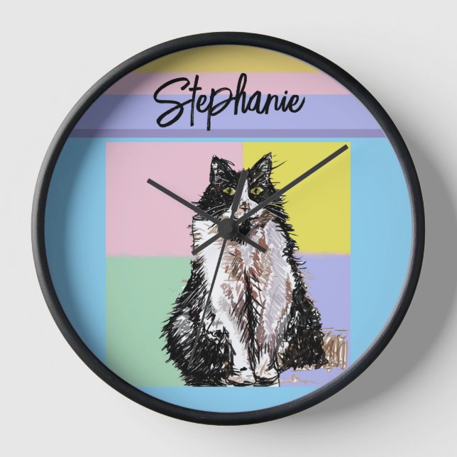 Horloge Tuxedo Chat Pastel Couleurs Rose Girls Nom (Recto)