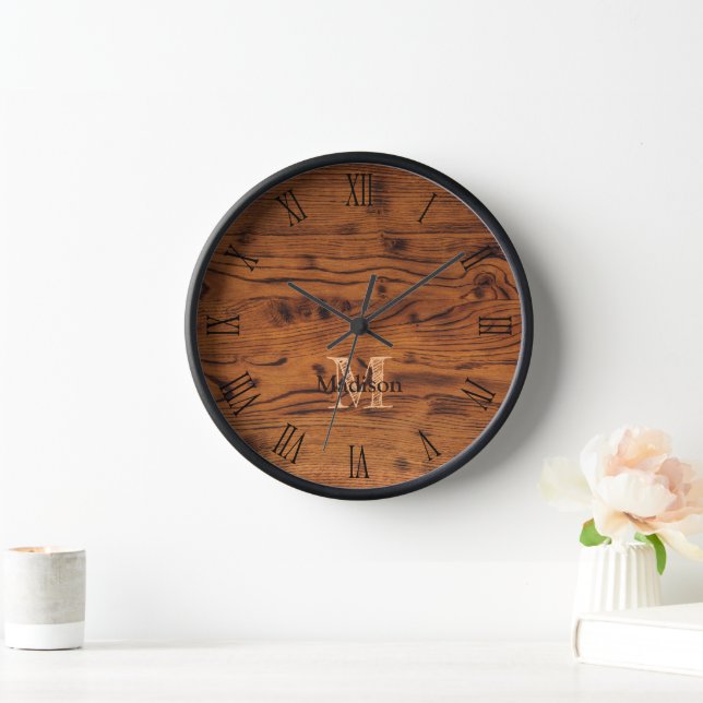 Horloge Vintage bois brun roux brûlé Monogramme roman num (Maison)