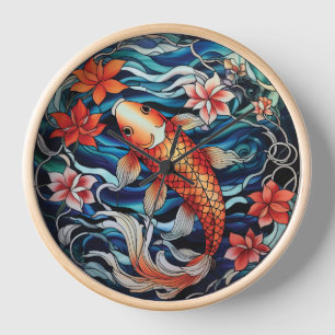 Horloge Vitraux de style asiatique Koi Fish et Camélias