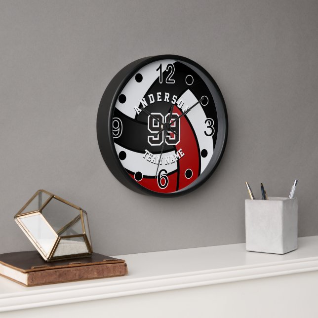 Horloge Volley-ball rouge foncé, noir et blanc (Bureau)