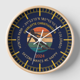 Horloge Winter Park, Colorado - Femme Skieuse, Texte Doré