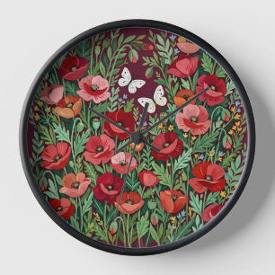 Horloges Artistiques Gouache Coquelicots Papillons