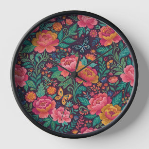 Horloges d'art abstrait de pivoines et de papillon