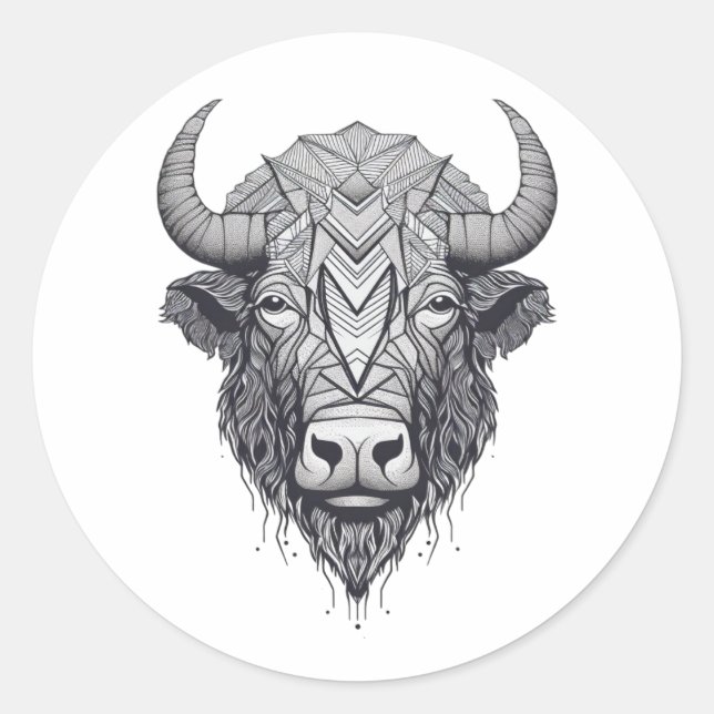 Horned Bison Buffalo Schwarz-Weiß-Portrait Runder Aufkleber (Vorderseite)