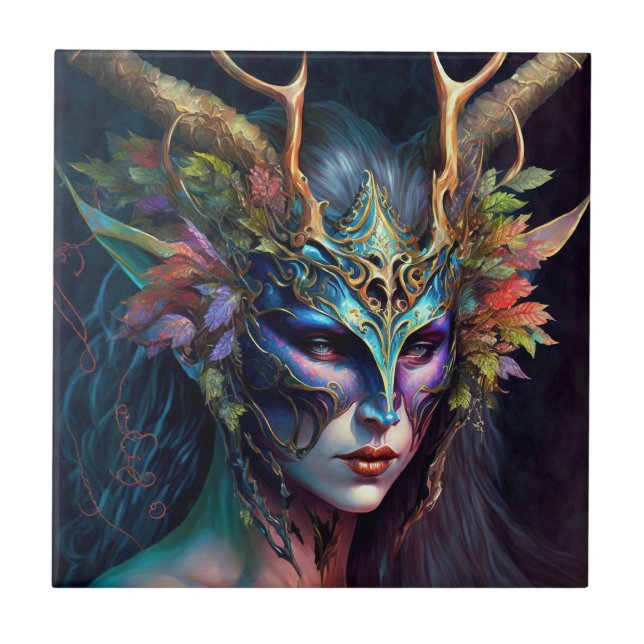 Horned Elf Woman Fantasy Art Keramik Tile Fliese (Vorderseite)