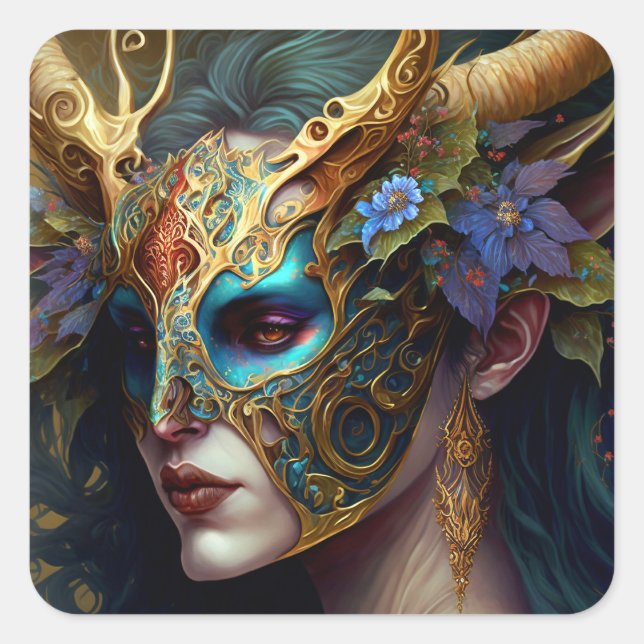 Horned Elf Woman Fantasy Art Quadratischer Aufkleber (Vorderseite)