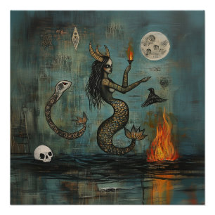 Horned Mermaid Moon Witchy AI Art Semi Gloss Poster