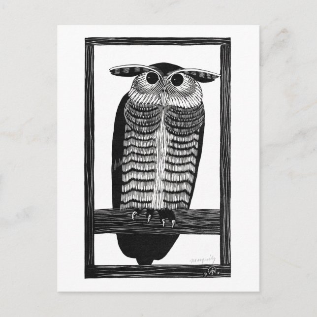 Horned Owl - Vintage Schwarz-Weiß-Kunst Postkarte (Vorderseite)