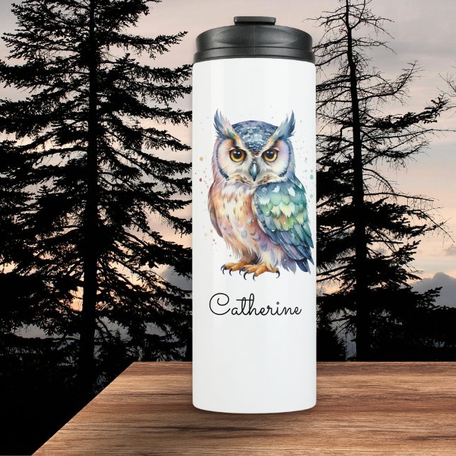 Horned Owl Watercolor Personalized Thermosbecher (A personalized thermal tumbler with owl illustration in a watercolor style)