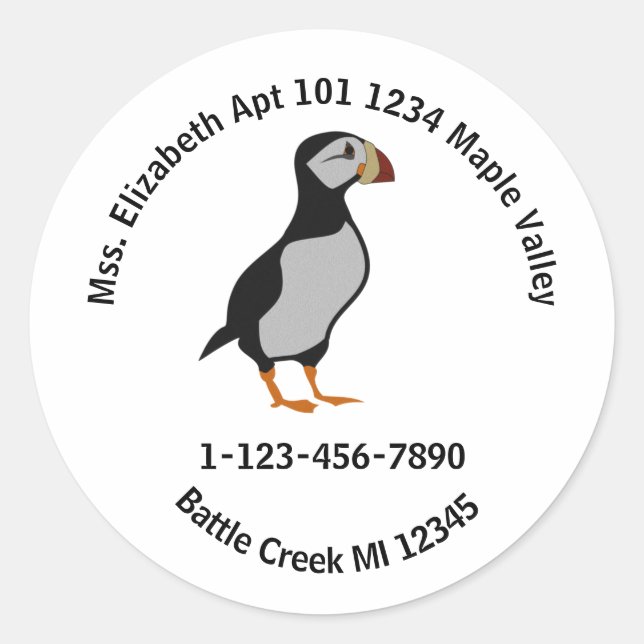 Horned Puffin Stehend Cartoon Zuhause Kontaktinfor Runder Aufkleber (Vorderseite)
