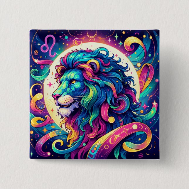 Horoskop-Zeichen Leo | Farbenfrohe Löwenkunst Button (Vorderseite)