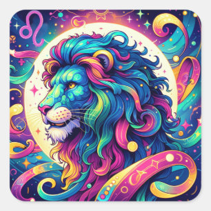 Horoskop-Zeichen Leo   Farbenfrohe Löwenkunst Quadratischer Aufkleber