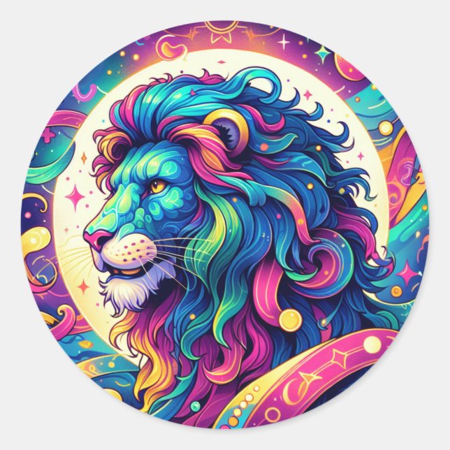 Horoskop-Zeichen Leo | Farbenfrohe Löwenkunst Runder Aufkleber (Vorderseite)