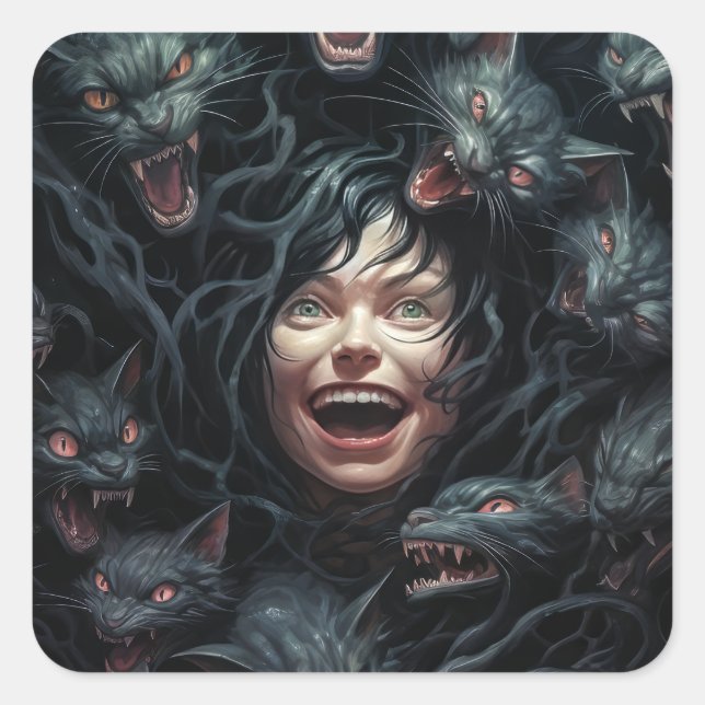 Horror Cat Nightmare Quadratischer Aufkleber (Vorderseite)
