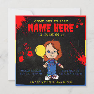 Horrorfilm-Geburtstagseinladung Chucky-Puppe Einladung