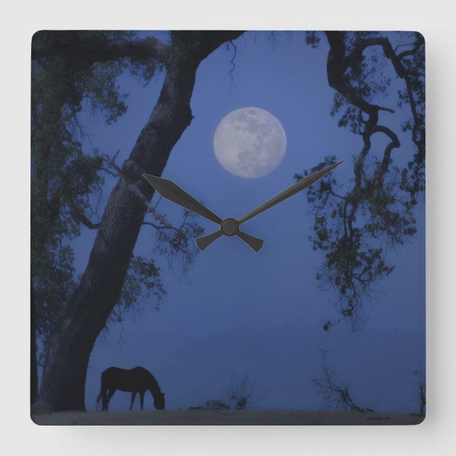 Horse and Oak Tree "Blue Moon" Clock Quadratische Wanduhr (Vorderseite)