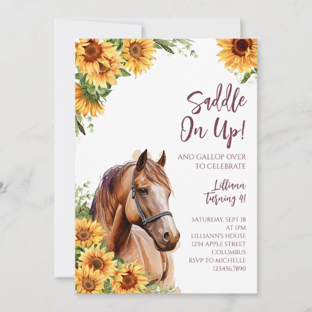 Horse Anniversaire Fête Invitation Tournesols (Devant)