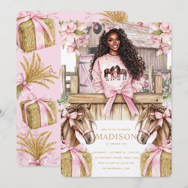 Horse Birthday Invitation with Black Girl (Devant / Derrière)
