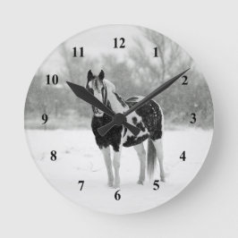 Horse Black and White Snow Photo Runde Wanduhr