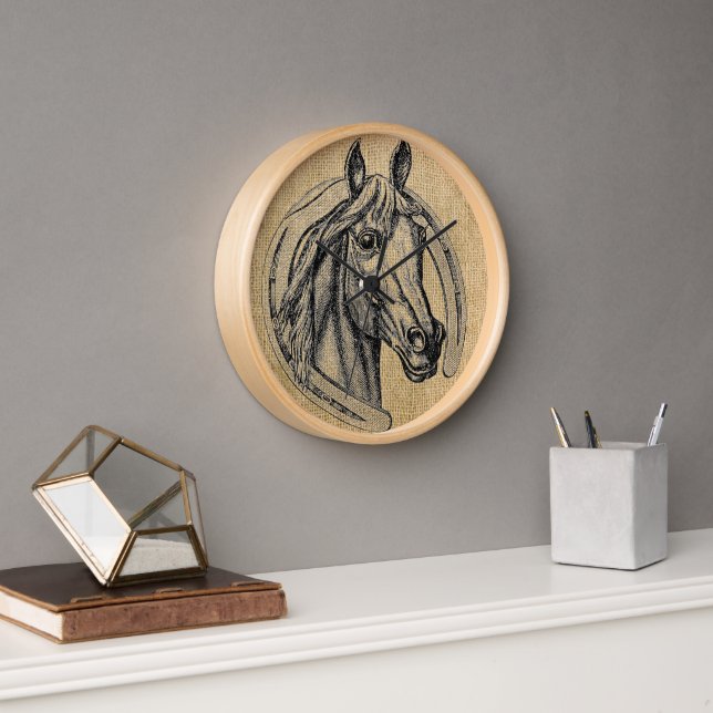 Horse Cameo on Burlap Uhr (Büro)
