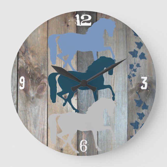 Horse Clock Wood Background Große Wanduhr (Vorderseite)