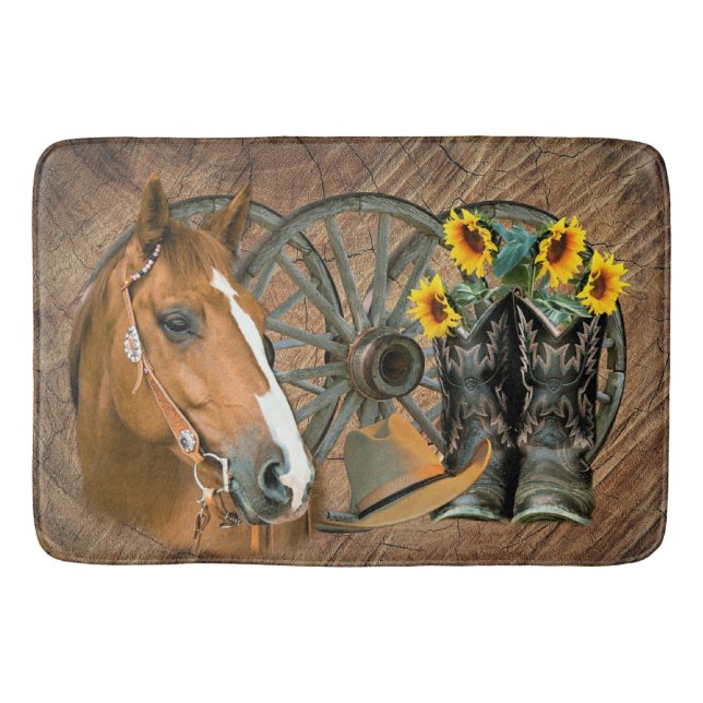 Horse Cowboy Boots Wagon Wheel Sunflowers Western Badematte (Vorderseite)