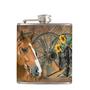 Horse Cowboy Boots Wagon Wheel Sunflowers Western Flachmann