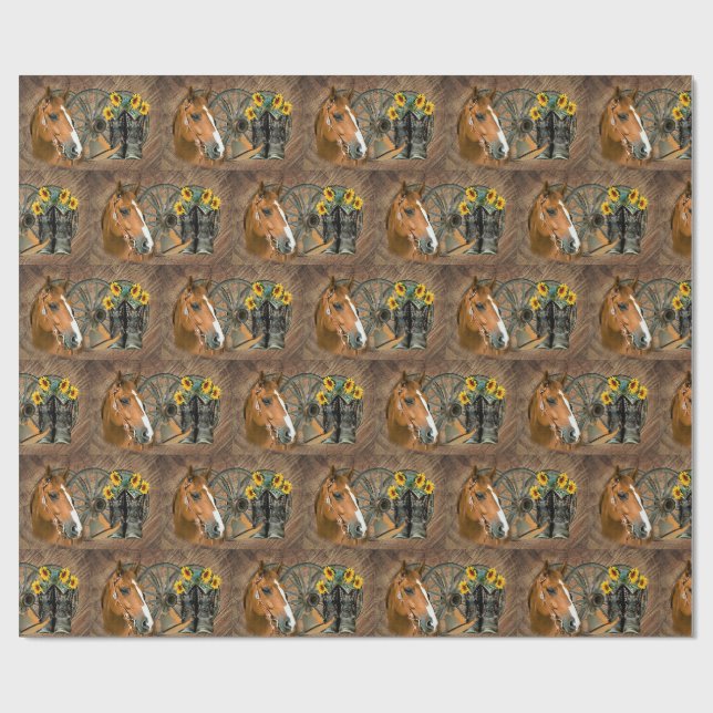 Horse Cowboy Boots Wagon Wheel Sunflowers Western Geschenkpapier (Flach)