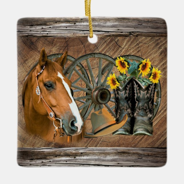 Horse Cowboy Boots Wagon Wheel Sunflowers Western Keramikornament (Vorderseite)
