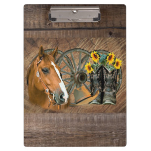 Horse Cowboy Boots Wagon Wheel Sunflowers Western Klemmbrett