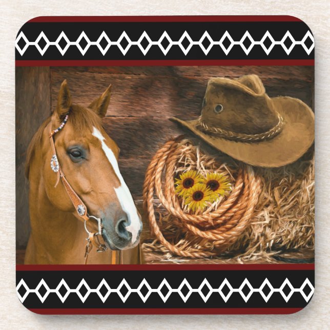 Horse Cowboy Hat Lasso Western Pattern Getränkeuntersetzer (Vorderseite)