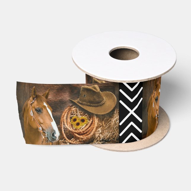 Horse Cowboy Hat Lasso Western Pattern Ribbon Satinband (Spule)
