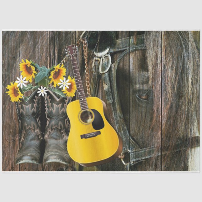 Horse Cowboy Stiefel Gitarre Sonnenblumen Rustikal Seidenpapier (Vorderseite)