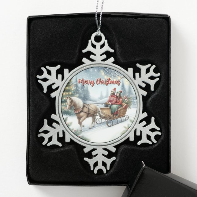 Horse Drawn Sleigh Ride Holiday Scene  Schneeflocken Zinn-Ornament (Box)