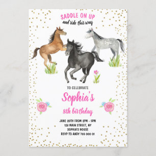 Horse fille Invitation d'anniversaire rose floral