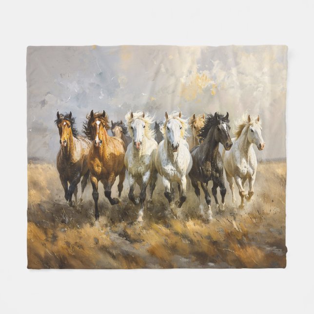 Horse Herd Galloping Mustang Malerei Fleecedecke (Vorderseite (Horizontal))
