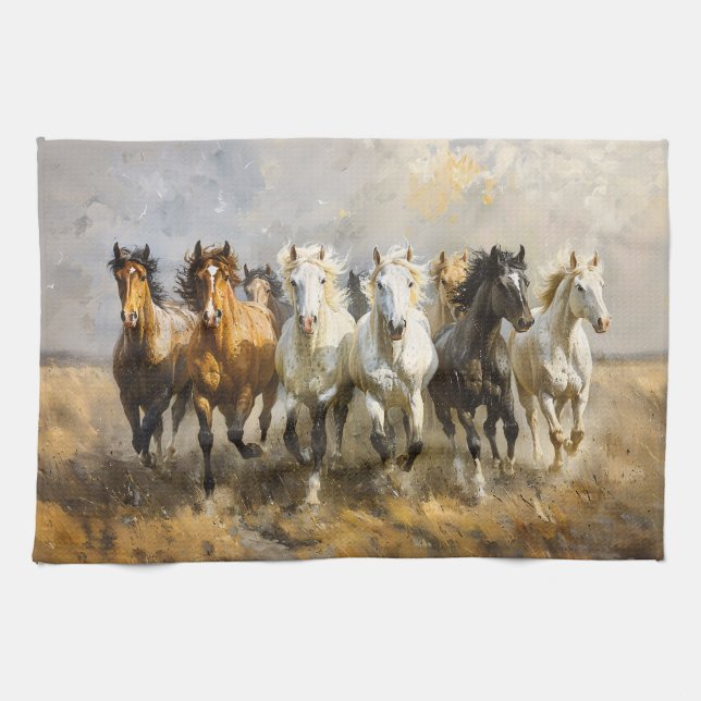 Horse Herd Galloping Mustang Malerei Geschirrtuch (Horizontal)