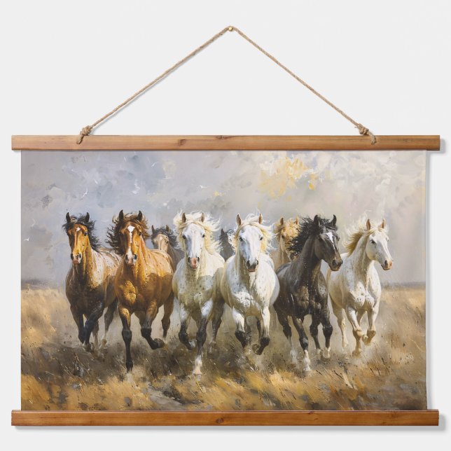 Horse Herd Galloping Mustang Malerei Wandteppich Mit Holzrahmen (Vorne)