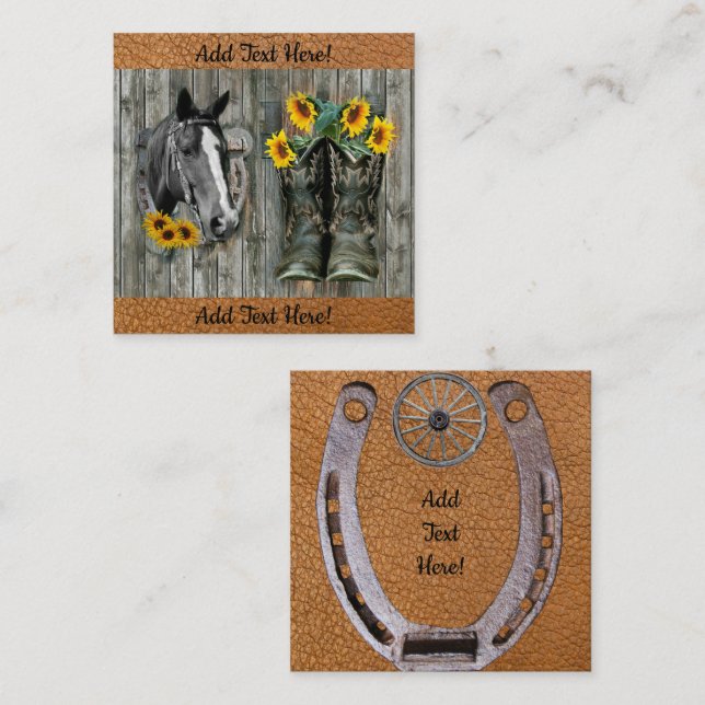 Horse Horseshoe Cowboy Stiefel Sonnenblumen Quadratische Visitenkarte (Vorne/Hinten)