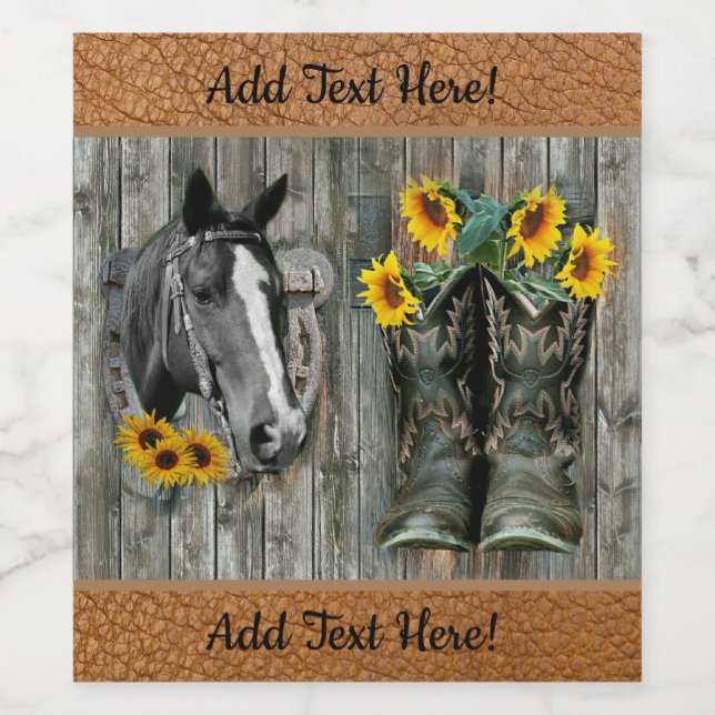 Horse Horseshoe Cowboy Stiefel Sonnenblumen Weinetikett (Einzelnes Label)