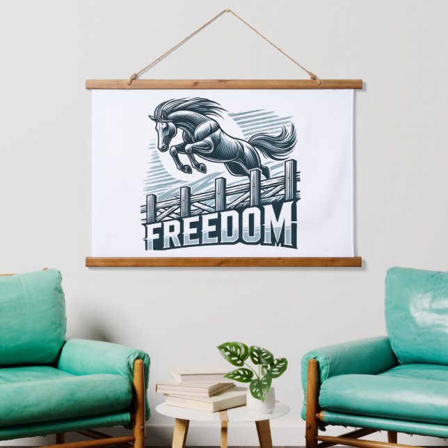 Horse Jumping Over the Freedom Wall Wandteppich Mit Holzrahmen (Wohnzimmer)